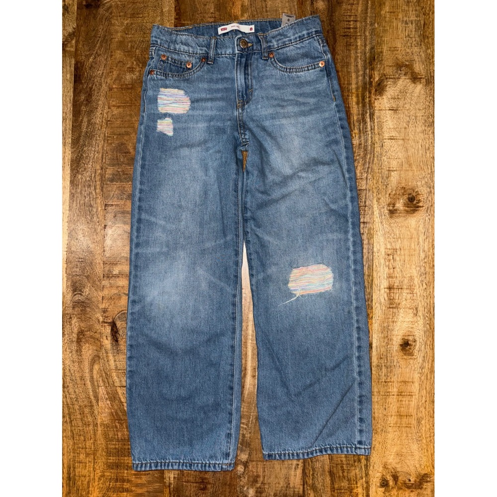 Levis Girls Size 8 Wide Leg Jeans Distressed Rainbow Thread Medium Wash Denim